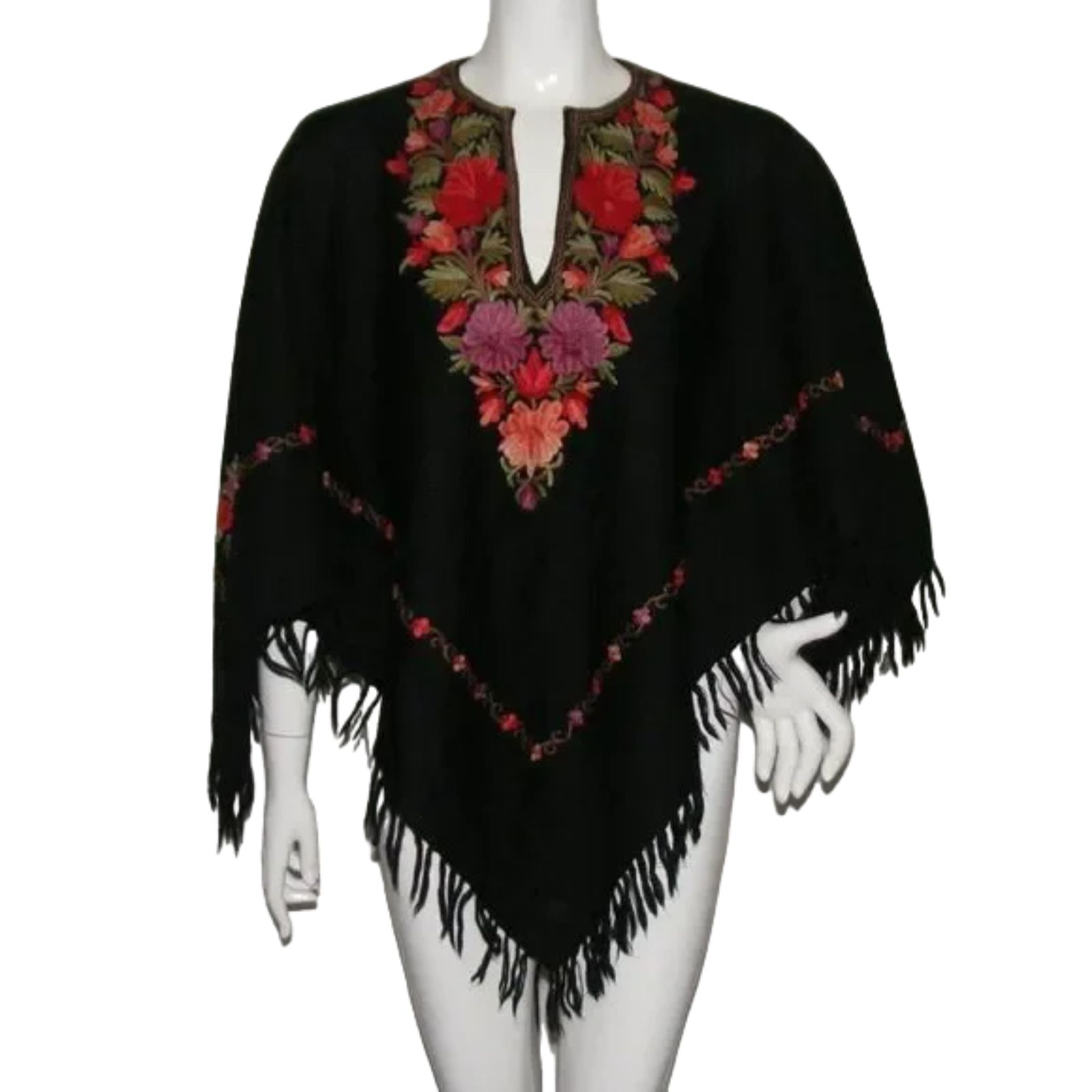 Floral Poncho, Os, Black, Flower Embroidery, Fringe Hem, Split Neckline